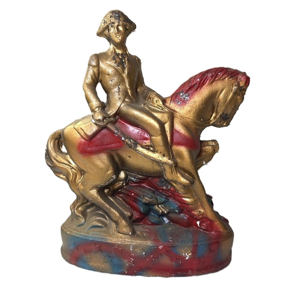 Vintage George Washington on Horse Chalkware Statue Gold Red Blue MCM Decor